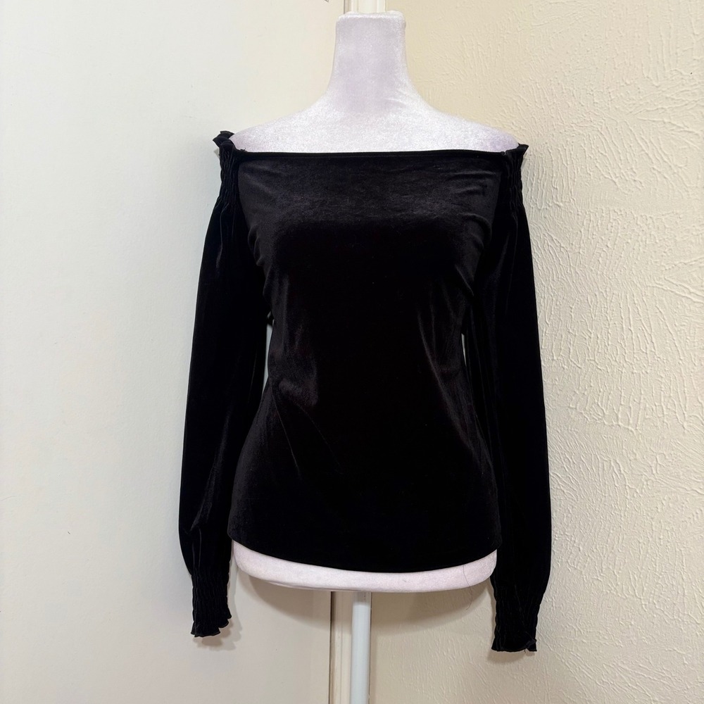 Black Velvet Off Shoulder Long Puff Balloon Sleeve Top Whimsigoth Witchy M